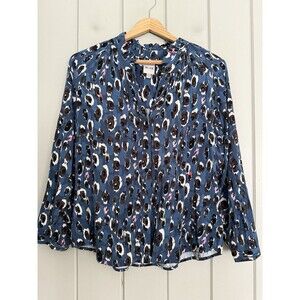 Nic+Zoe Blouse PS Petite Small Blue Leopard Print Long Sleeve Split Neck